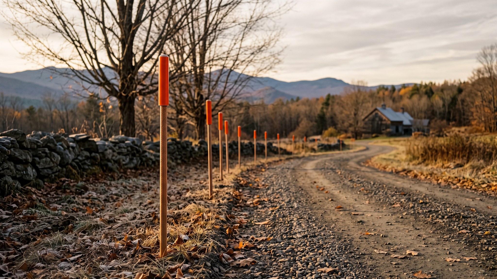 Driveway markers staked along a Vermont gravel driveway edge in late autumn before snow plowing season.