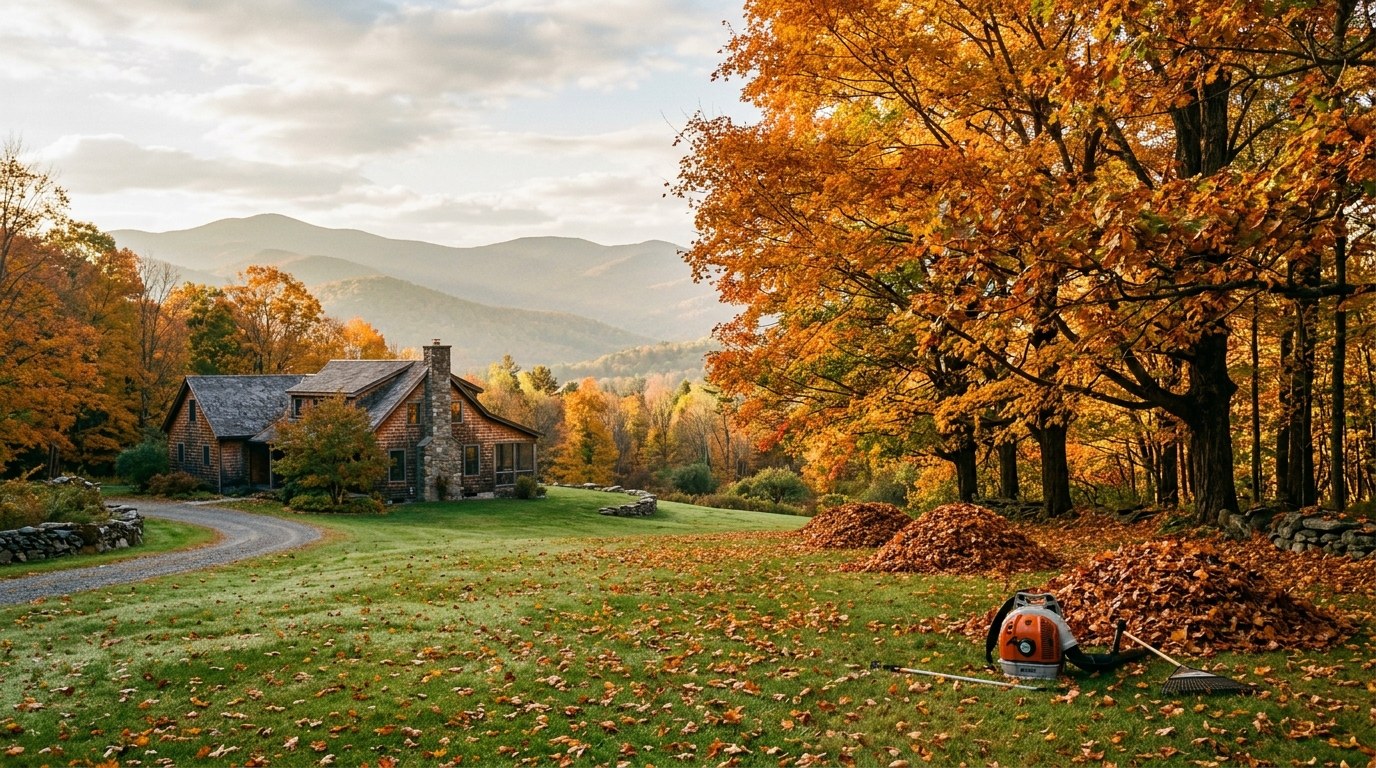 How many fall cleanups a Vermont property needs: leaves mid-drop on a wooded Rutland County lawn before the final pass