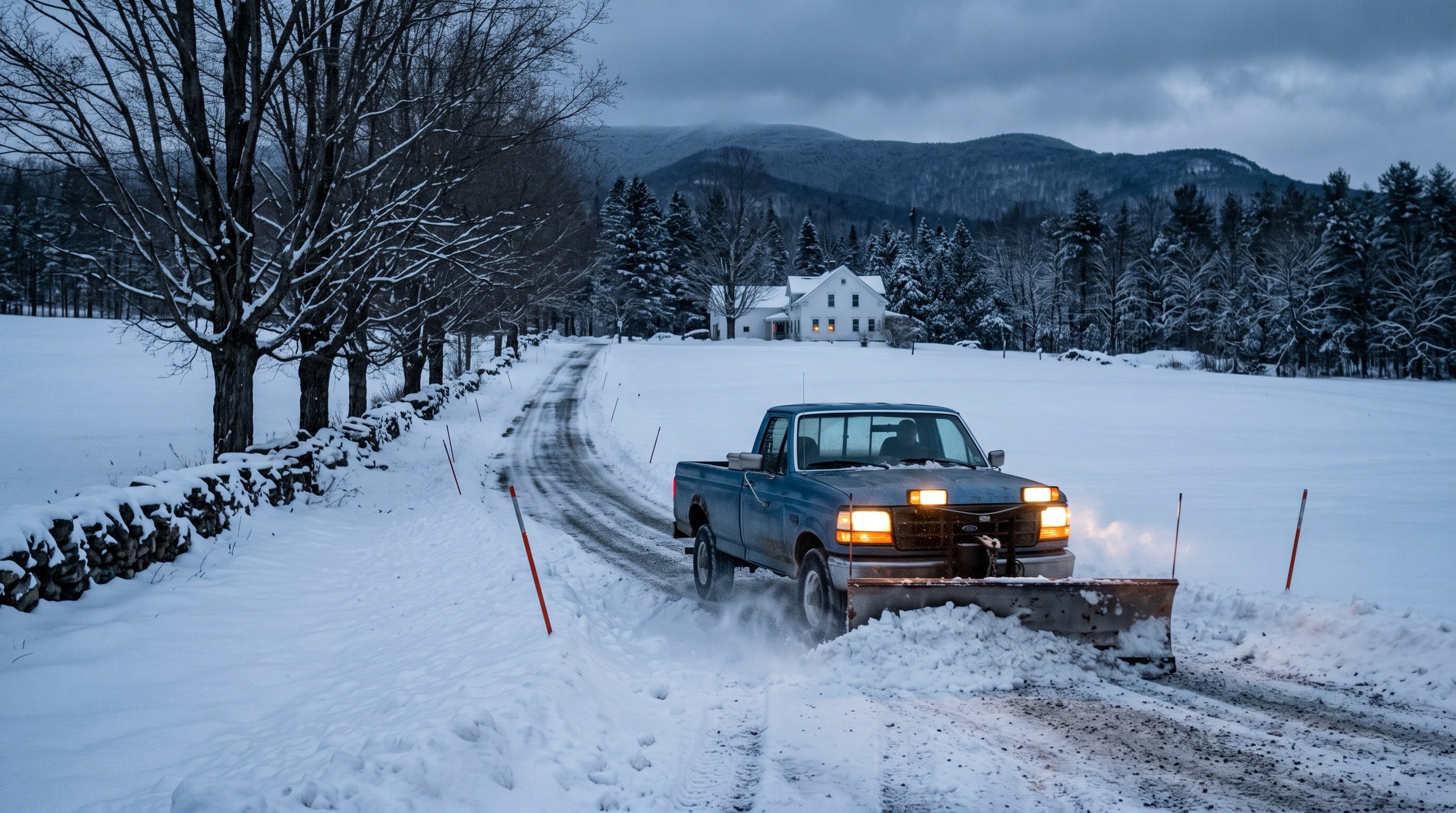 Seasonal snow contract in Vermont: a plow truck clearing a long Rutland County driveway at dawn after a heavy overnight snowfall.