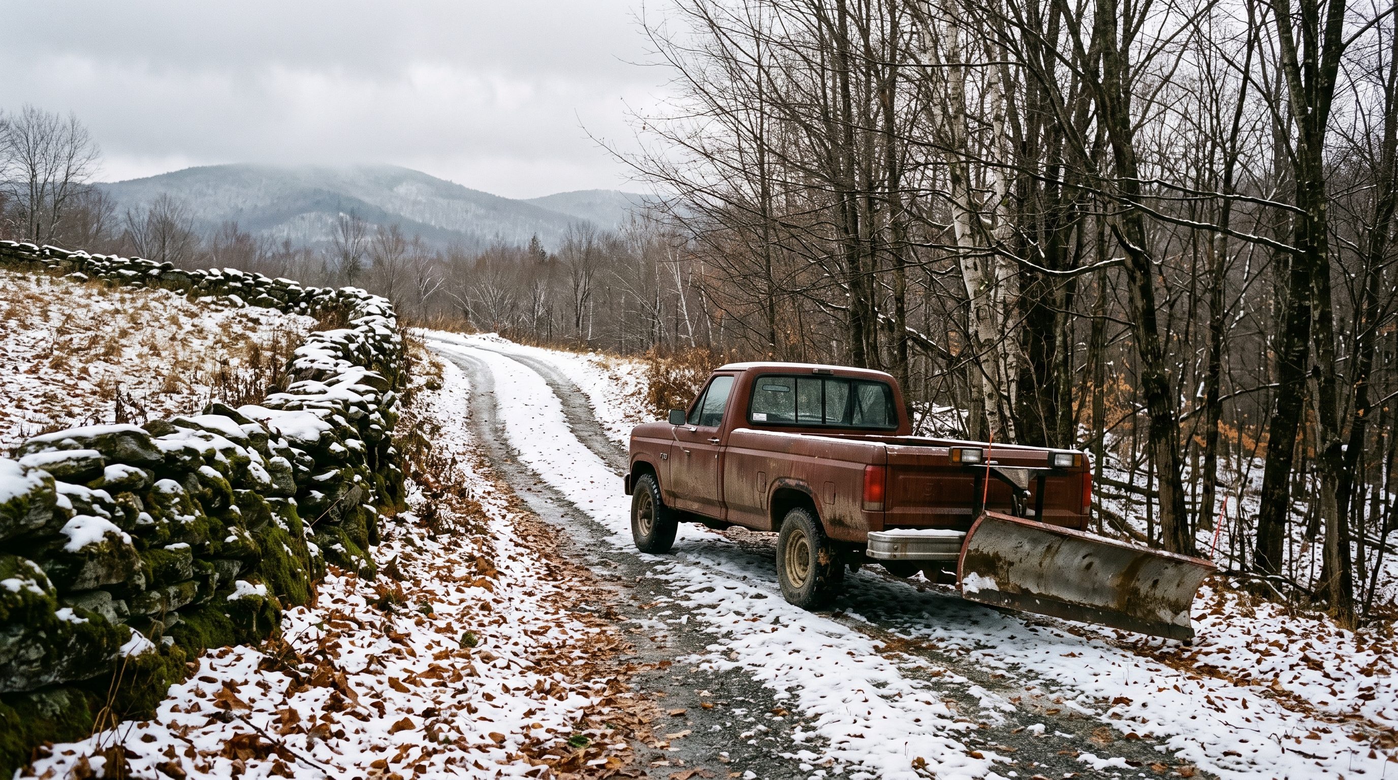 Narrow Vermont gravel driveway between a fieldstone wall and bare maples with a plow truck at the entrance before the first storm.